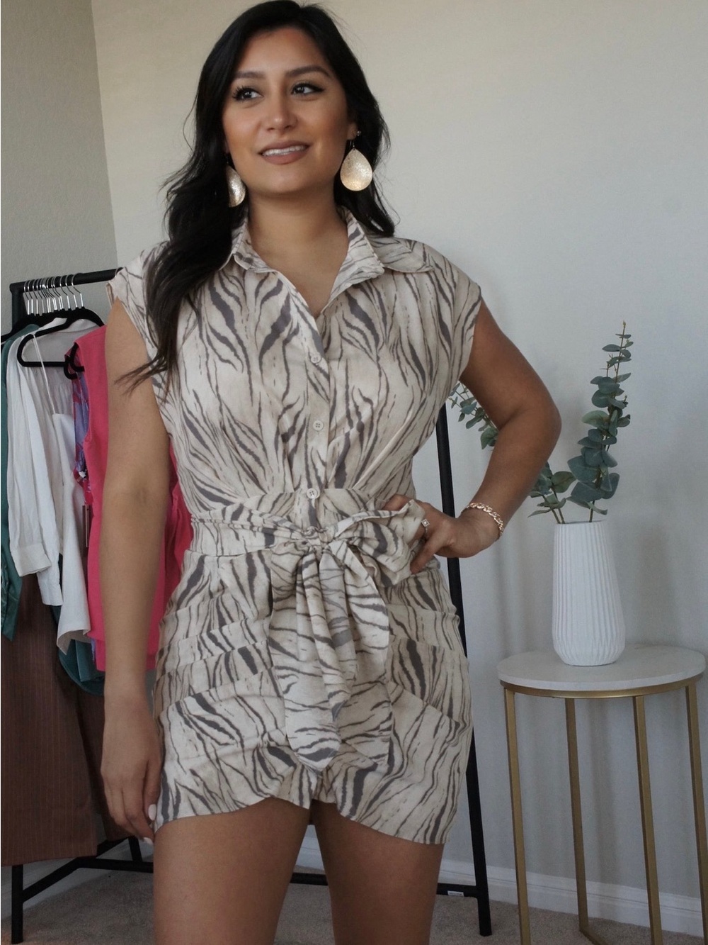 Neutral Zebra-Print Tie-Waist Shirt Dress